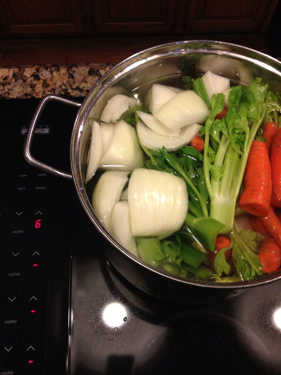 Fill your pot with enough water to barely cover it all, and bring to a boil