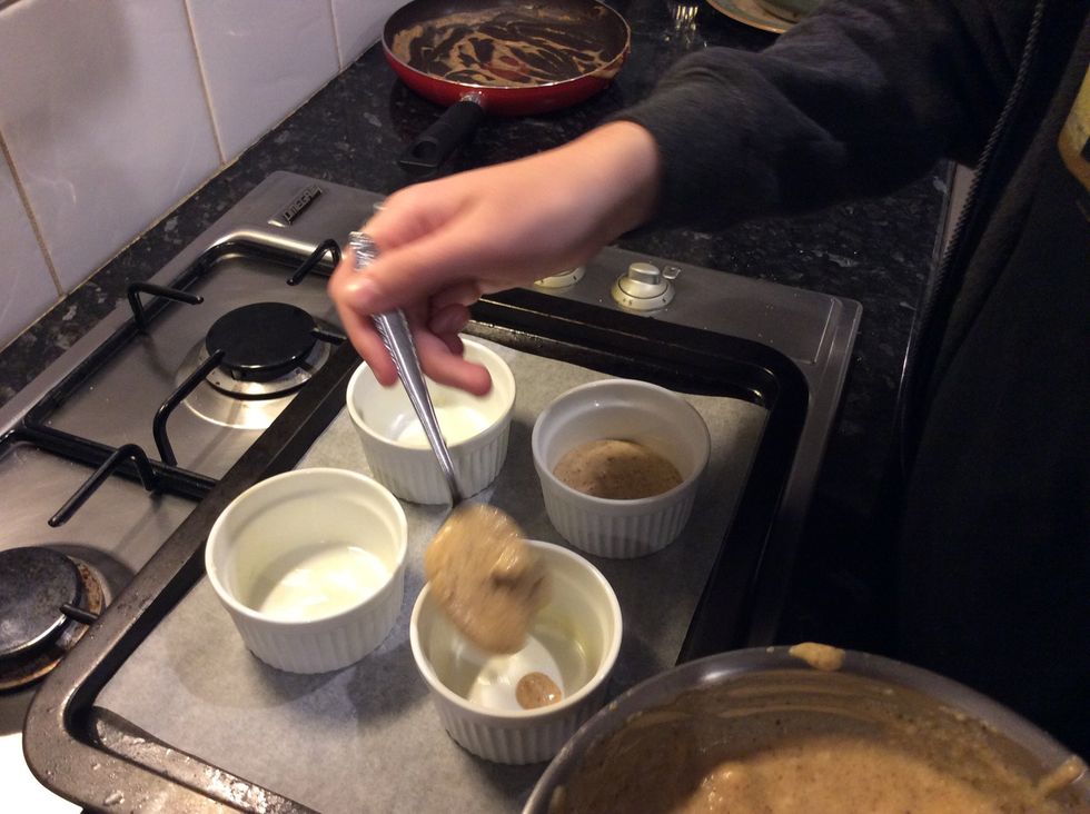 Fill your ramekins evenly and place in the middle of your preheated oven for about 22 minutes or brown and puffed