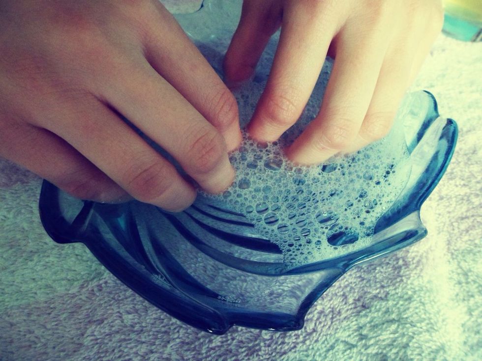 Fill your small bowl with warm, soapy water, and soak your hands for about 3-4 minutes to soften the cuticles and clean your nails. \ud83d\udc85
