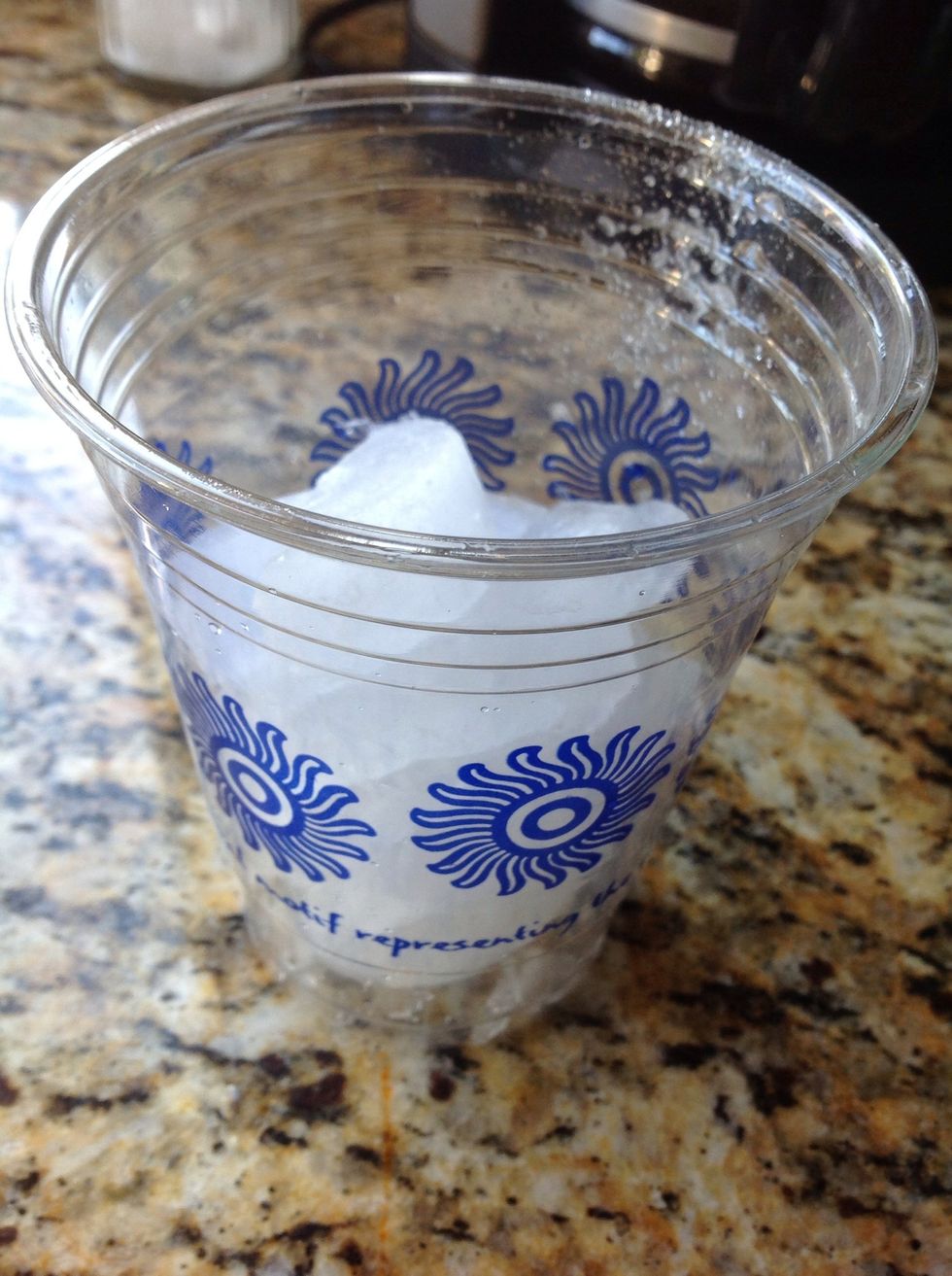 Fill your tall glass halfway full with ice. I used an old Peet's cup I've been saving.