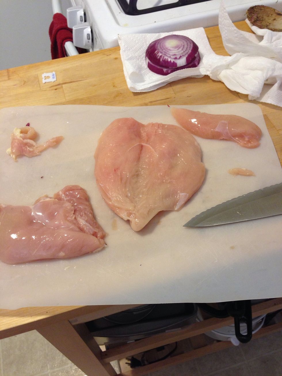 Fillet the chicken breast so it will fit on a hamburger bun (if you are making a chicken burger) or you can cut the chicken into strips.