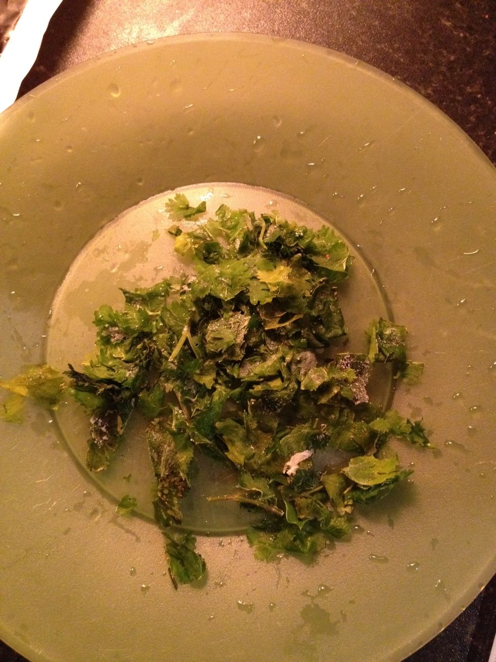 Finally add a handful of fresh coriander leaves (Cilantro, whatever). I keep mine frozen, tearing or cutting up the leaves is advised.