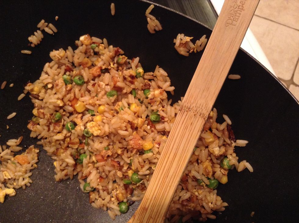 Finally, add as much soy sauce as you prefer. Make sure to taste the rice as you add it, because soy sauce is salty!