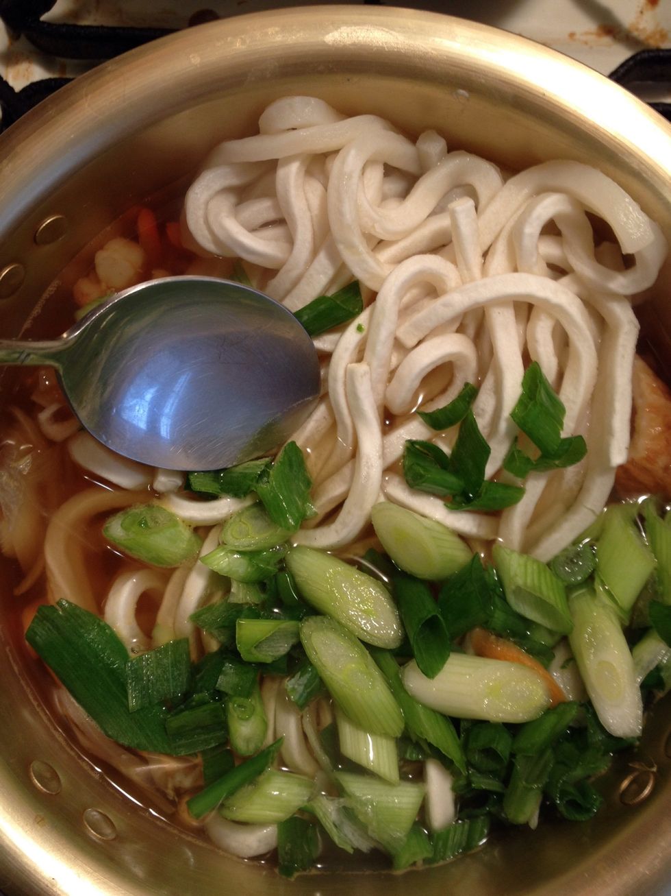 Finally add the noodle and green scallions. Boil on high for about 2-3 more minutes.