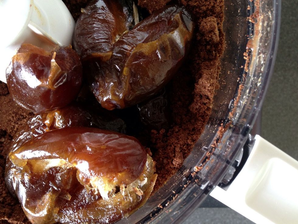 Finally add the pitted dates and whizz some more. The final mixture should not be too sticky and this may happen if you over-process. Don't fret if you do pet as your brownies will be just as fine.