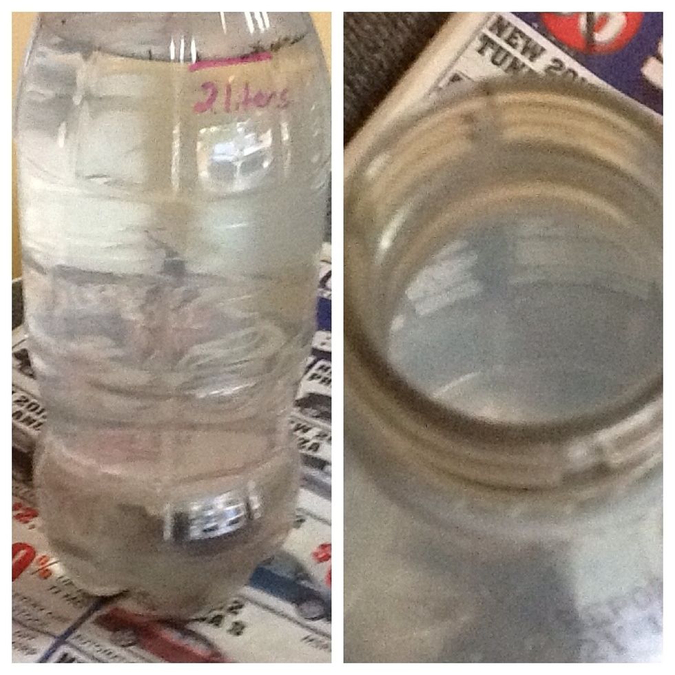 Finally after 60 minutes, the water has greatly improved in clarity. Not quite perfect, but I would use for the further solar treatment (SODIS). Gently pour the water into another empty 2L bottle.