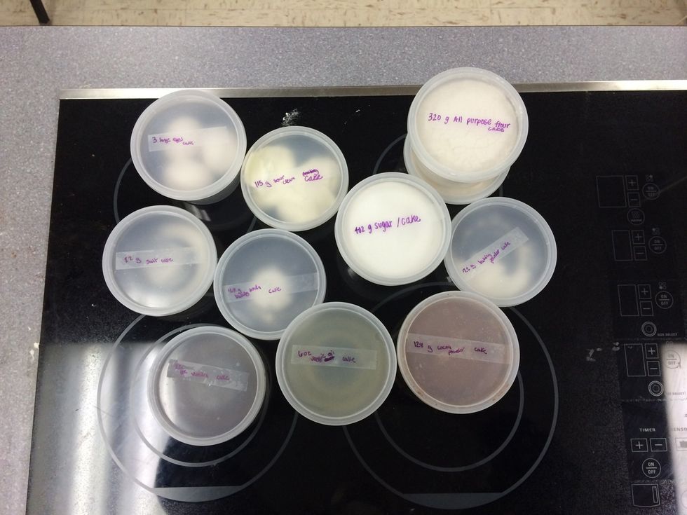 Finally, assemble all your ingredients for the chocolate cake. (128g unsweetened cocoa powder, 320g all-purpose flour, 402g sugar, 7.2g baking powder, 4.8g baking soda, 4.2g salt, 6oz vegetable oil)