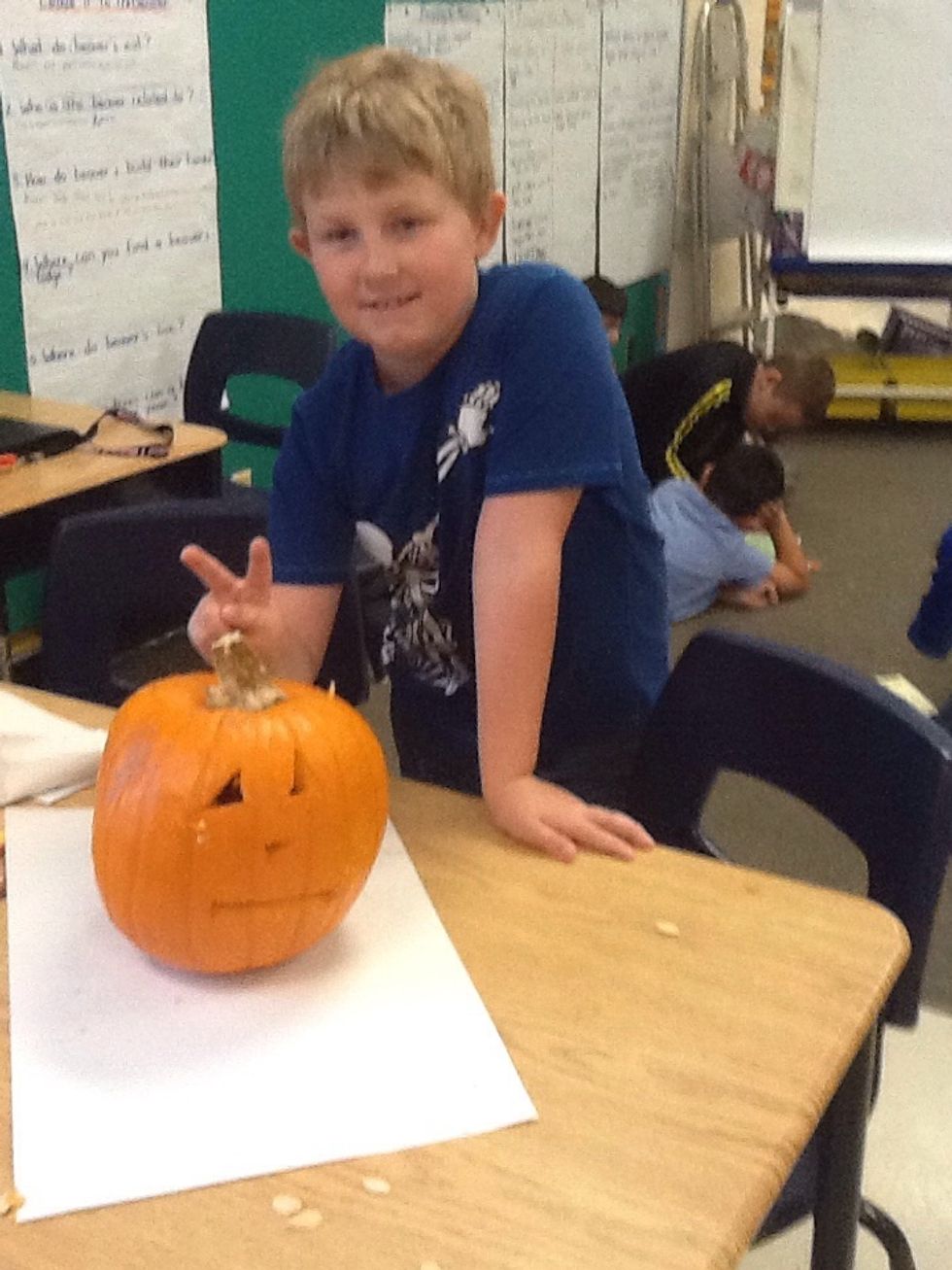 Finally, cut your awesome pumpkin. Jaden's finished jack o' lantern.