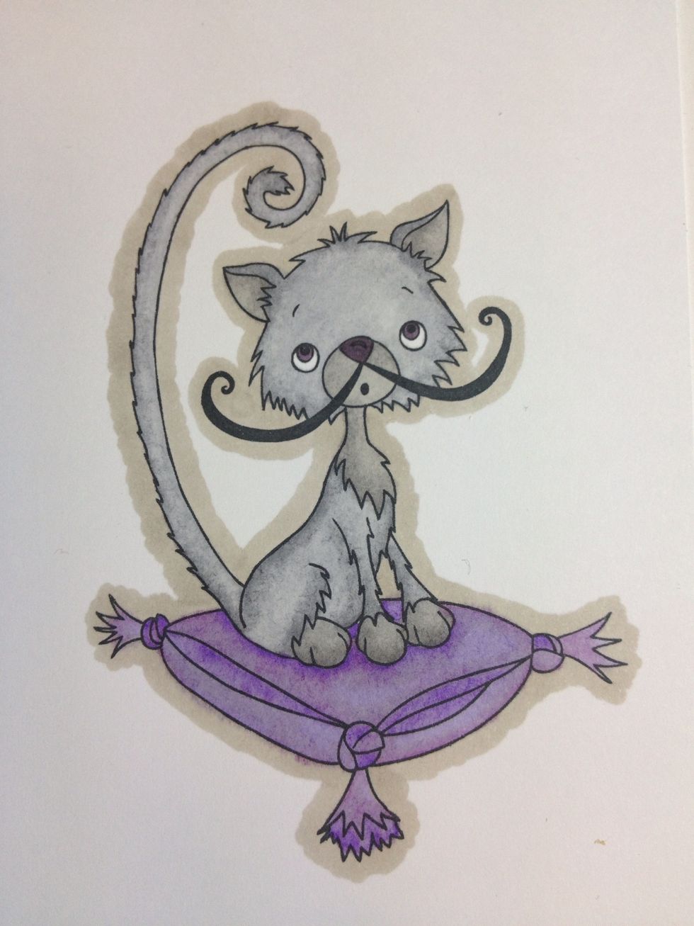 Finally I've gone around the image with a different grey to clean up the ink that leaked over the lines & a blender to tidy up the eyes. Using the same technique on the pillow but in purples