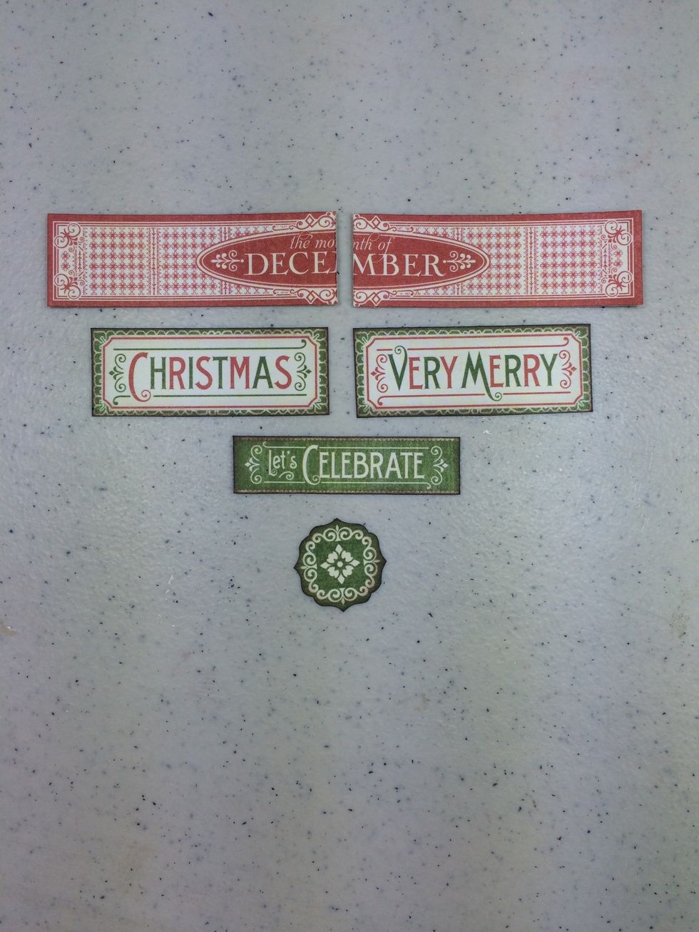 Finally, let's make two 4" x 6" cards. Select the cut-aparts shown, snip the December piece in half (you'll be using the green side), cut out the green medallion piece, then ink all edges.