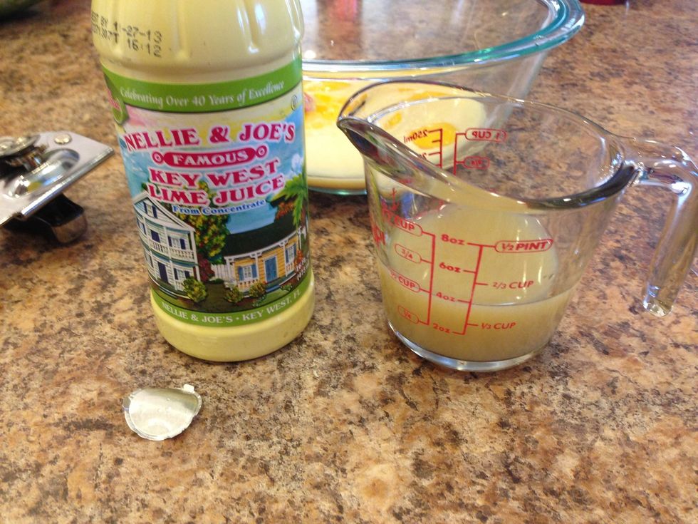 Finally, measure out 1/2 cup of the Keylime Juice. If you want or prefer you can Zest a lime at this point and add it to the bowl.