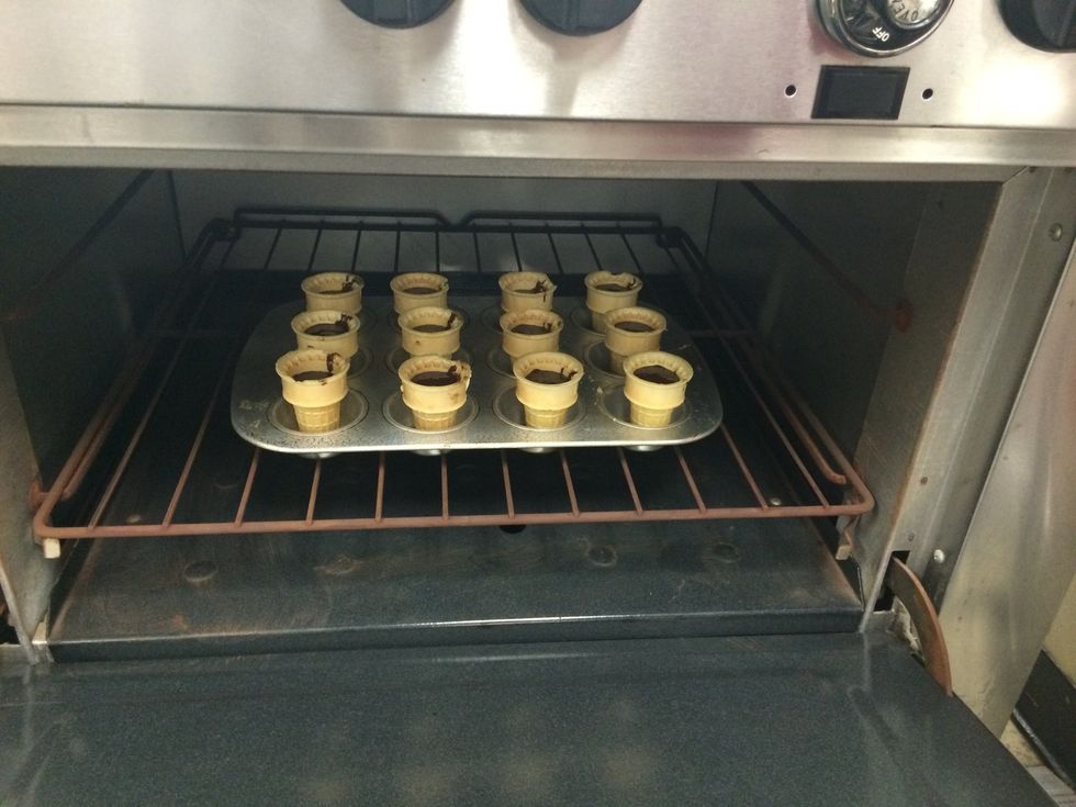 Finally, put your cake batter cones into the oven and bake 40-45 minutes. To make sure they are done, use a toothpick and poke the cones and if the toothpick comes out clean they are done!