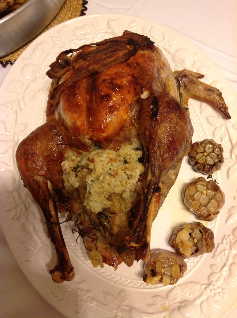 Finally the end result! Beautifully browned. Served with roasted garlic bulbs.