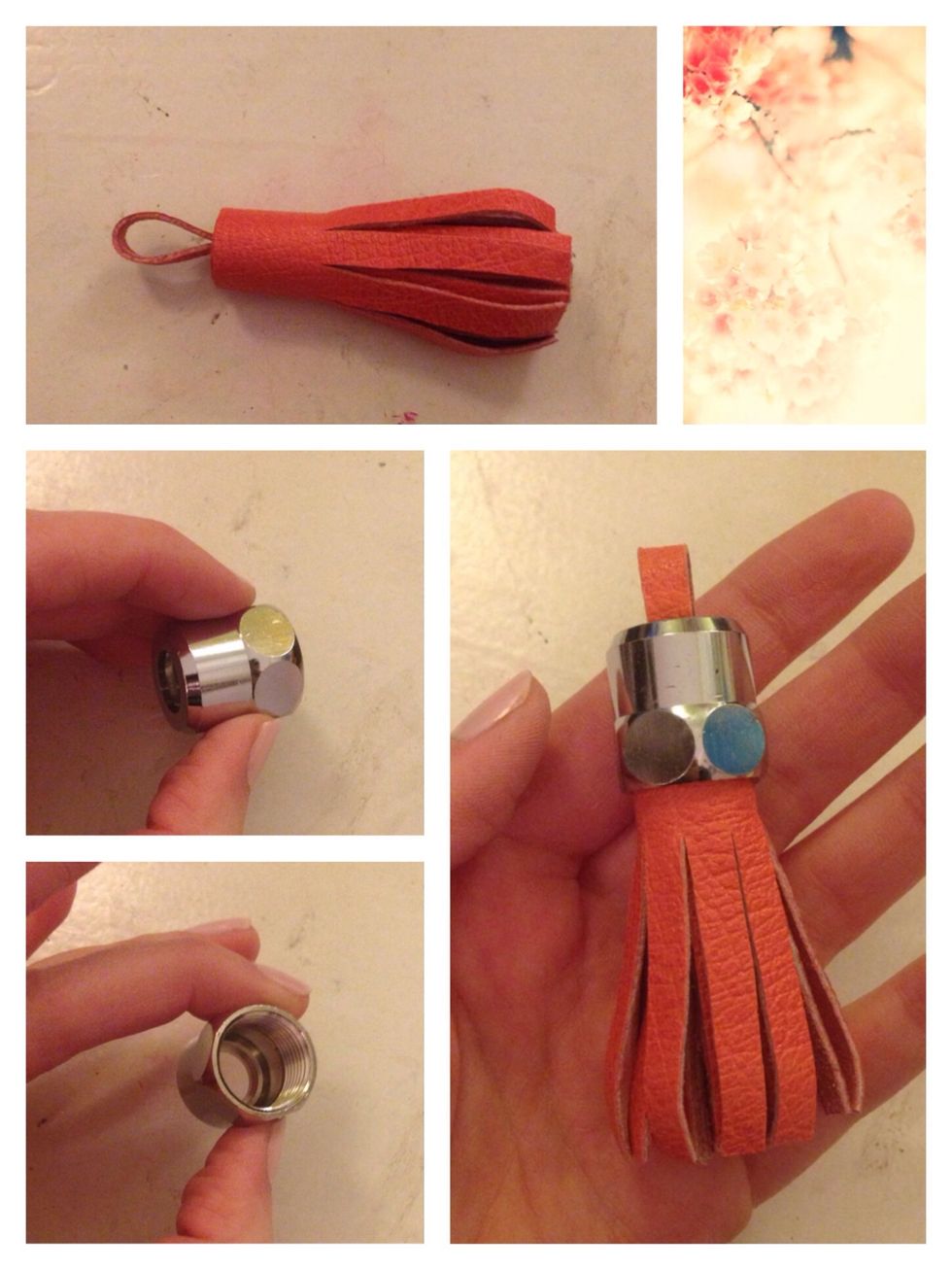 Find a nut that fits perfectly onto the top of your tassle and pull it over. You can glue it down as well, if it is a little bit too loose.