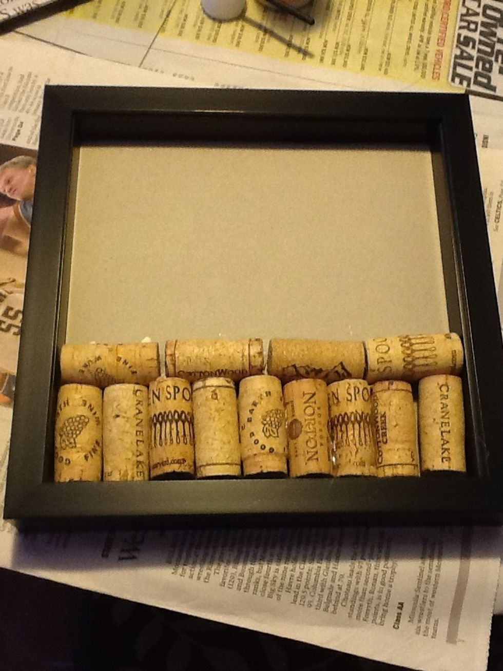 Find a pattern to align the corks so they fill up pretty much the whole frame. I did a vertical row of 9, then a horizontal row of 4 and repeated it. Find what works for you.