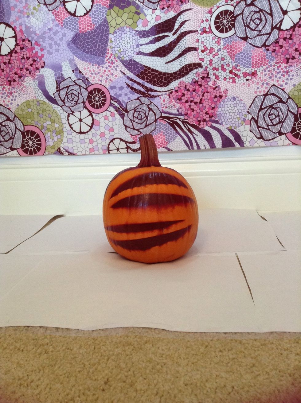 Find a pumpkin from your local home and garden store. Cut strips of paper and tape them to the pumpkin in a zig zagged pattern. Then, spray paint your pumpkin and take off the strips. Tada!
