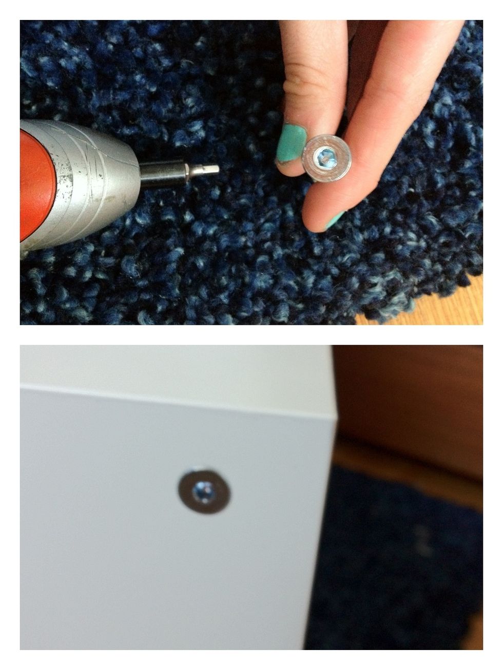 Find a screw bit that matches the long screws. Then screw them into the two pieces that you matched up earlier. x2