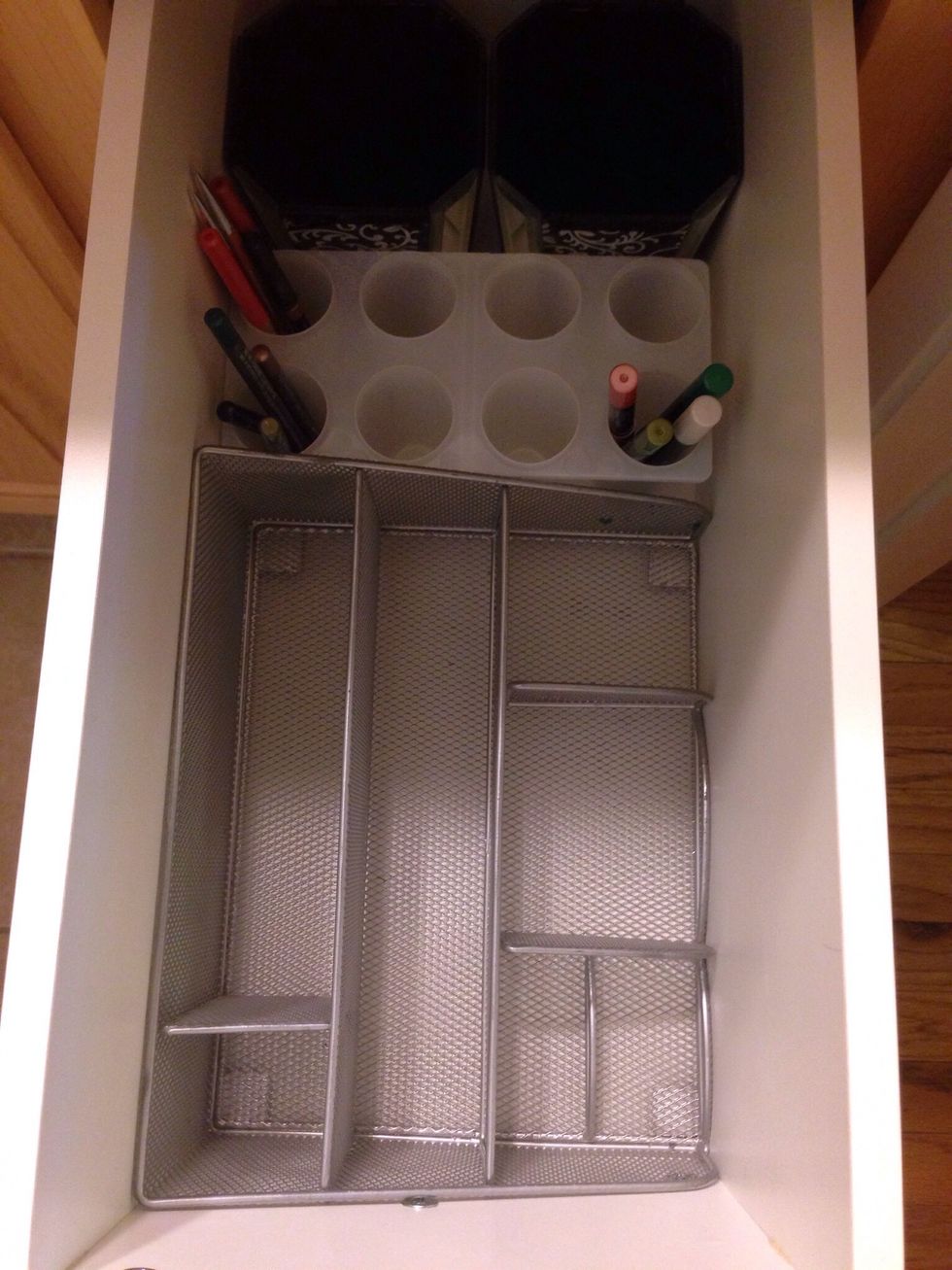 Find any old bins or containers that can fit in your drawers. I also used an old Popsicle maker to store some of my makeup. As many dividers you create the easier it will be to pull anything out