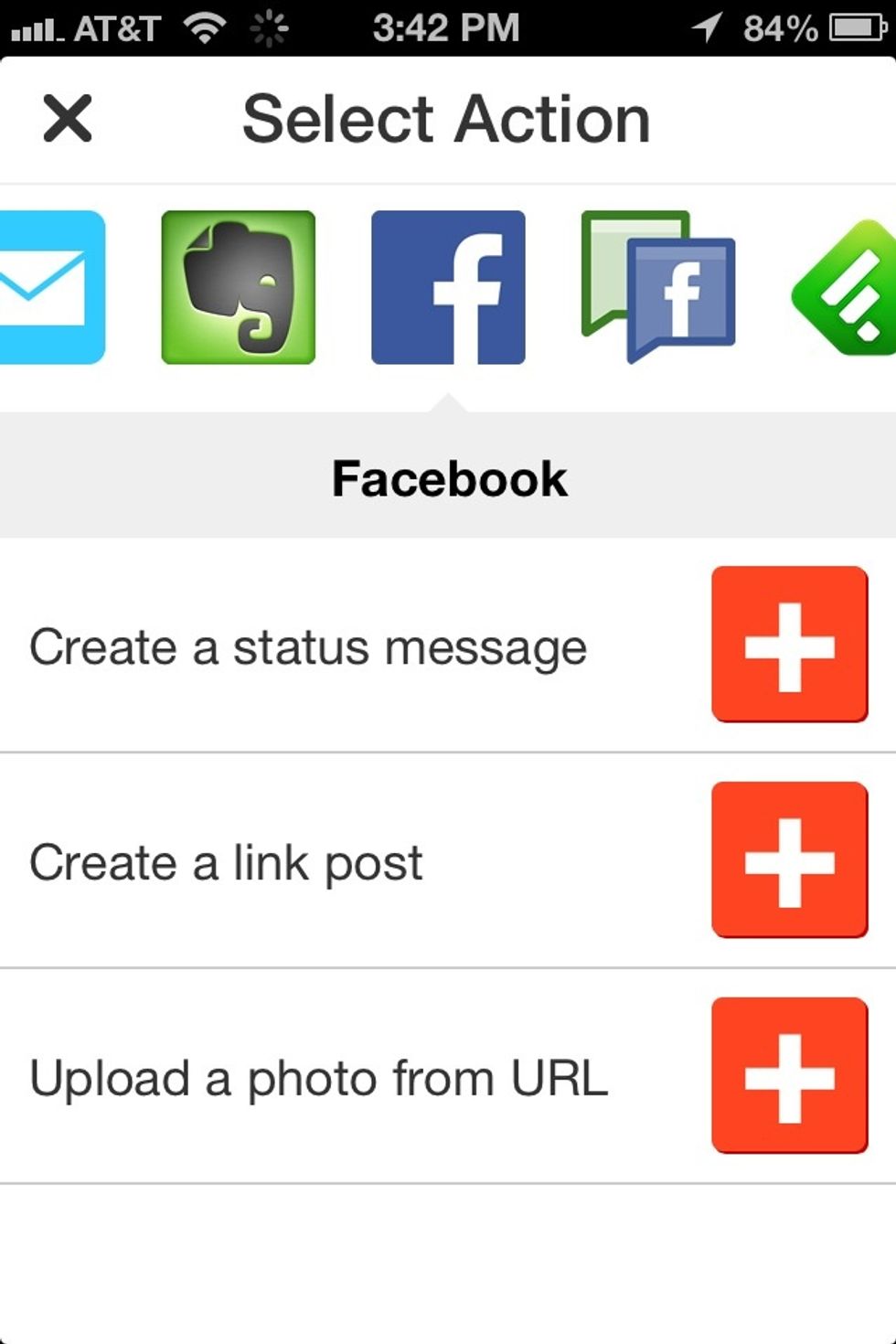Find Facebook the select what you want it to do. In this case I want it to post a link to it on my Facebook wall. So I selected "Create a link post".