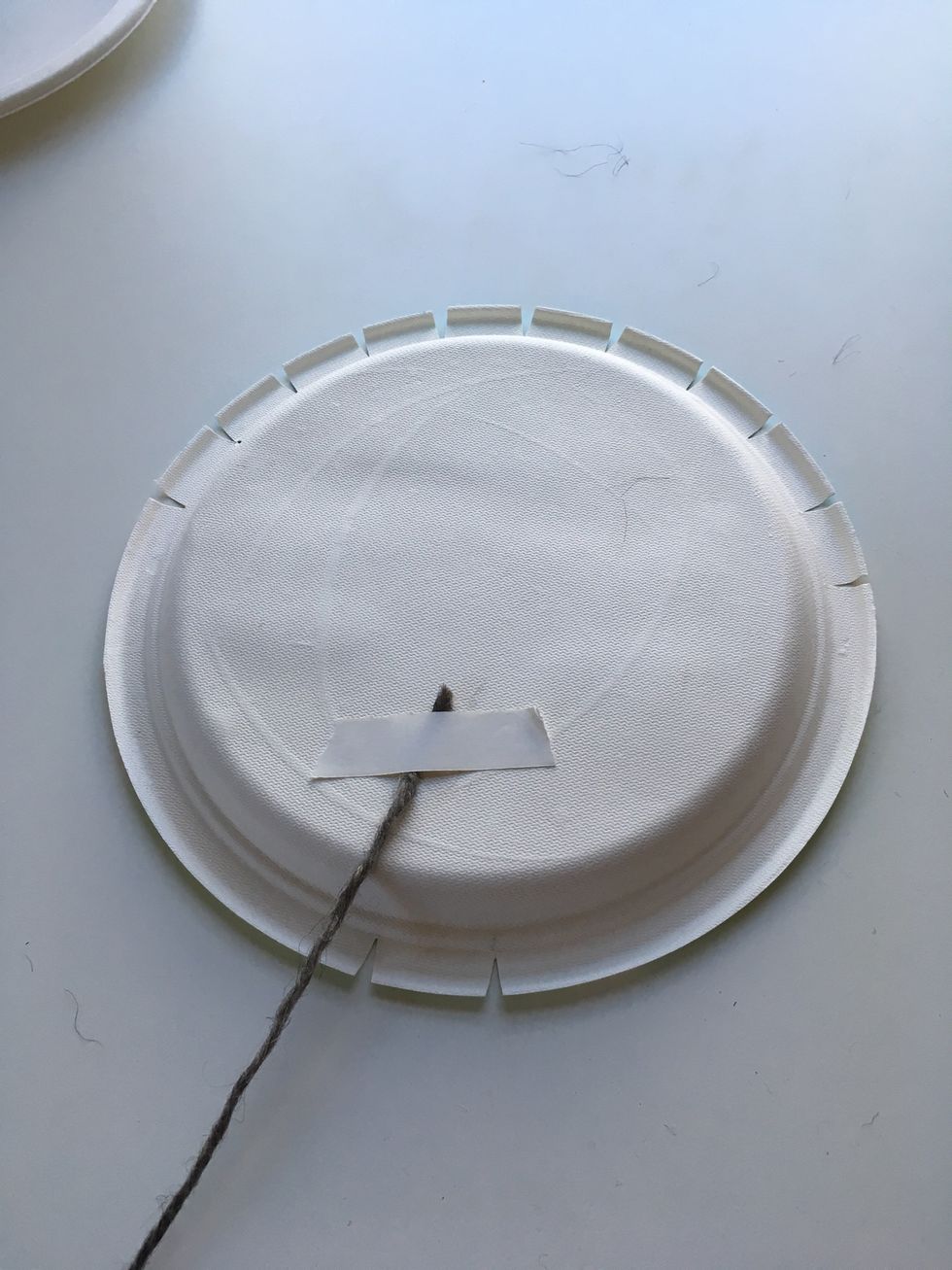 Find one end of the yarn and tape it to the back of your plate.