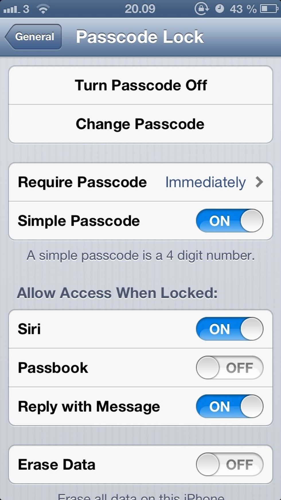 Find "simple passcode" and tap it, so it goes off