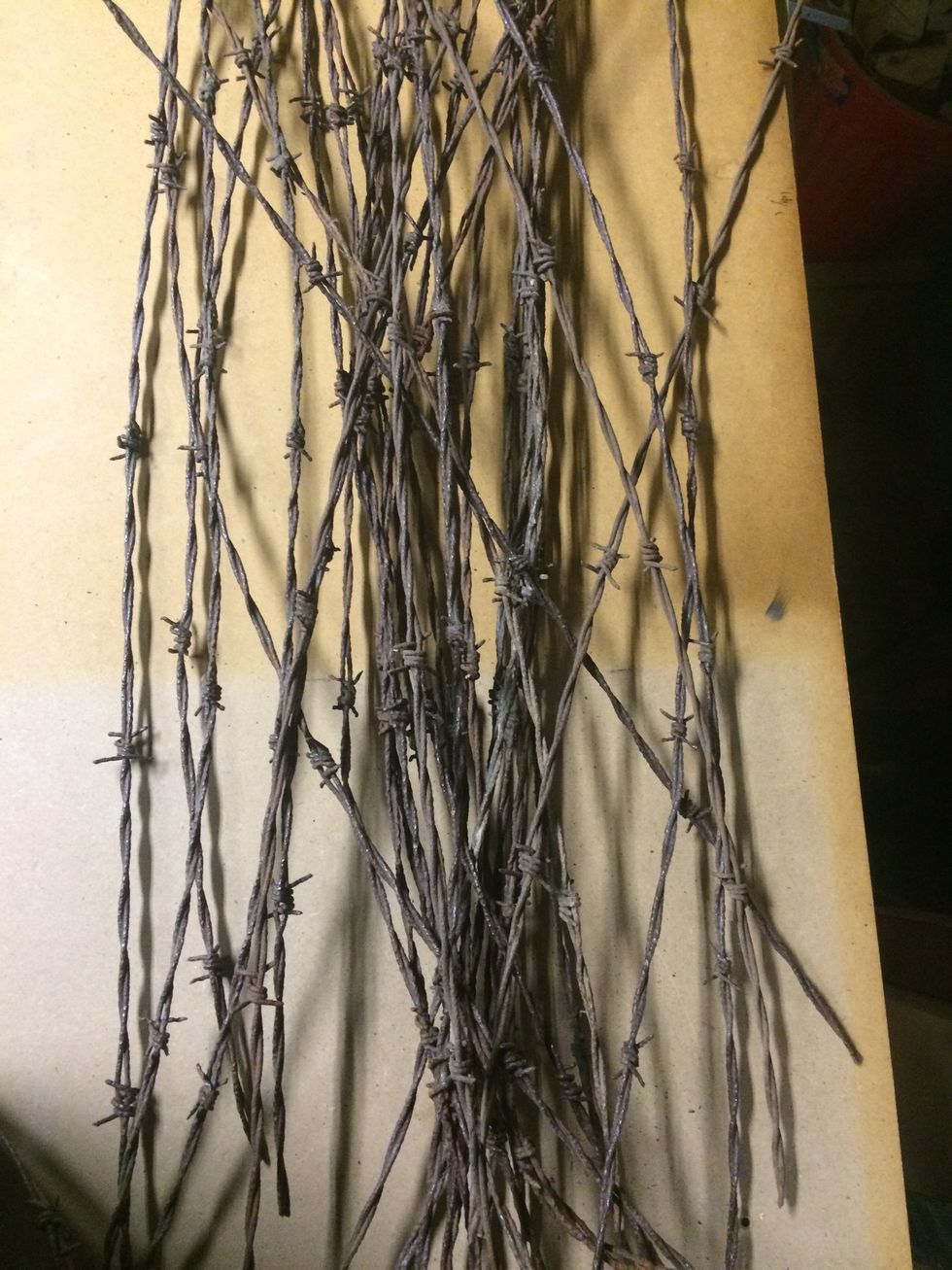 Find some barb wire. I cut them to 39" in length. I made sure that I had 4 barbs on the wires. You can use anything you want as a handle not just barb wire. Normal wire, rope, leather, iron etc...