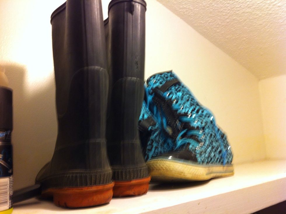 Find something in the pile that still use but not fitting in your designated space? These boots are not worn daily. I put on the shelf, still accessible but out of way for daily use.
