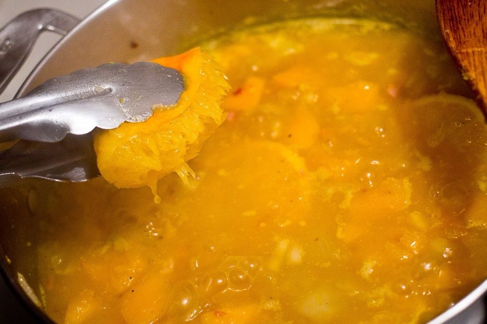 Find the 4 orange halves and squeeze as much juice out as possible. Toss the juiceless orange carcass in the compost.