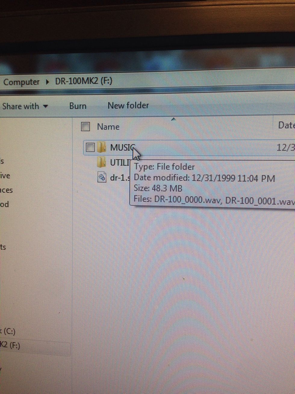 FIND THE FOLDER, YOU MAY HAVE TO CLICK ON THE "COMPUTER" ICON THEN THE RECORDER UNDER REMOVABLE DEVICES.  THEN CLICK ON THE "MUSIC" FOLDER TO FIND YOUR FILE.