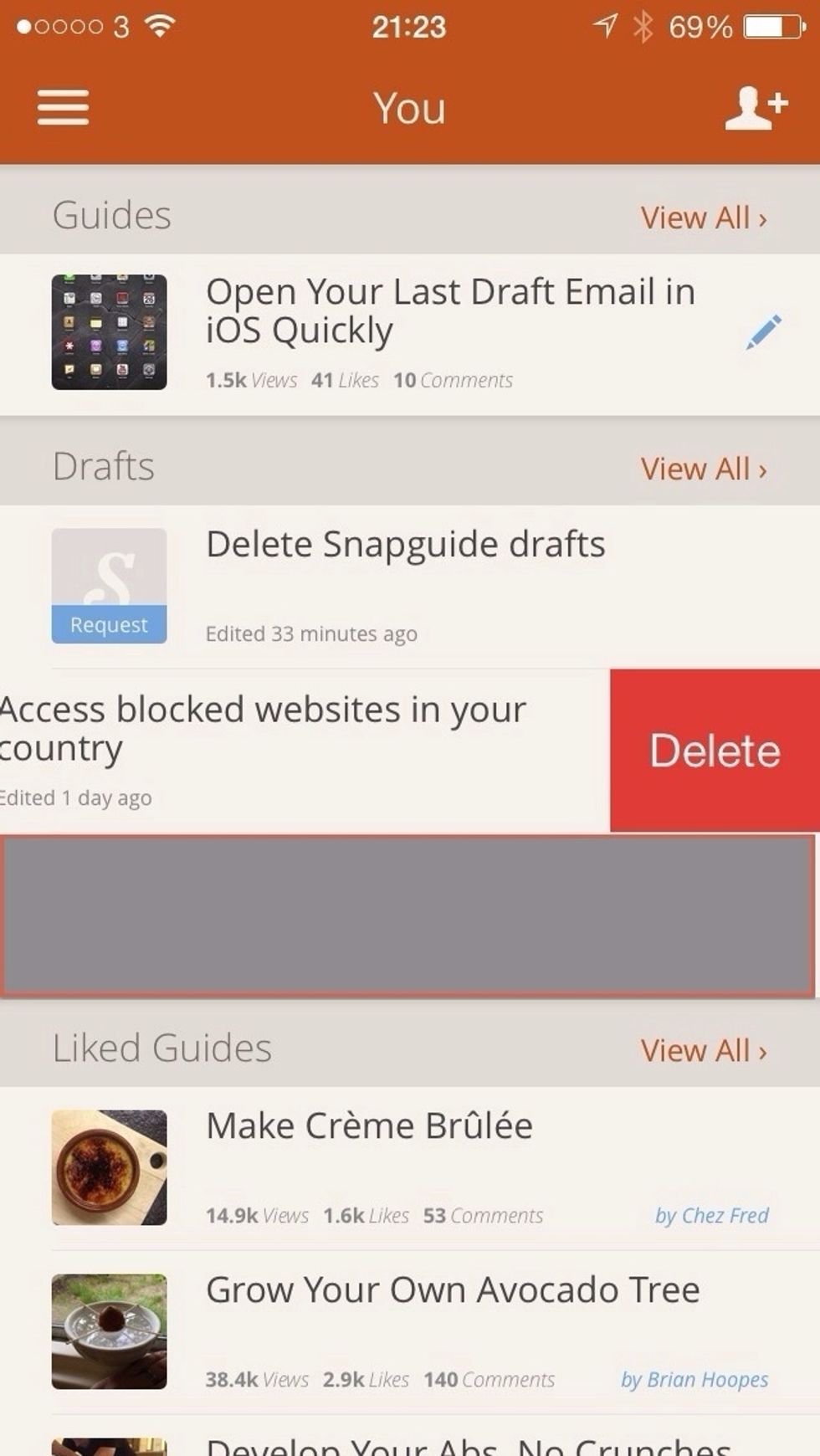 Find the guide you want to delete. Then swipe from the right to the left, tap delete
