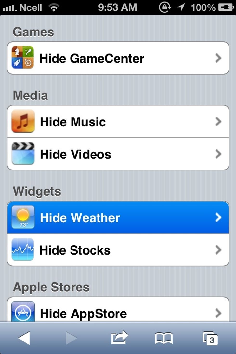 Find the name of the app that you want to hide on your iPhone and click on its link. Hear I select Hide Weather!!!