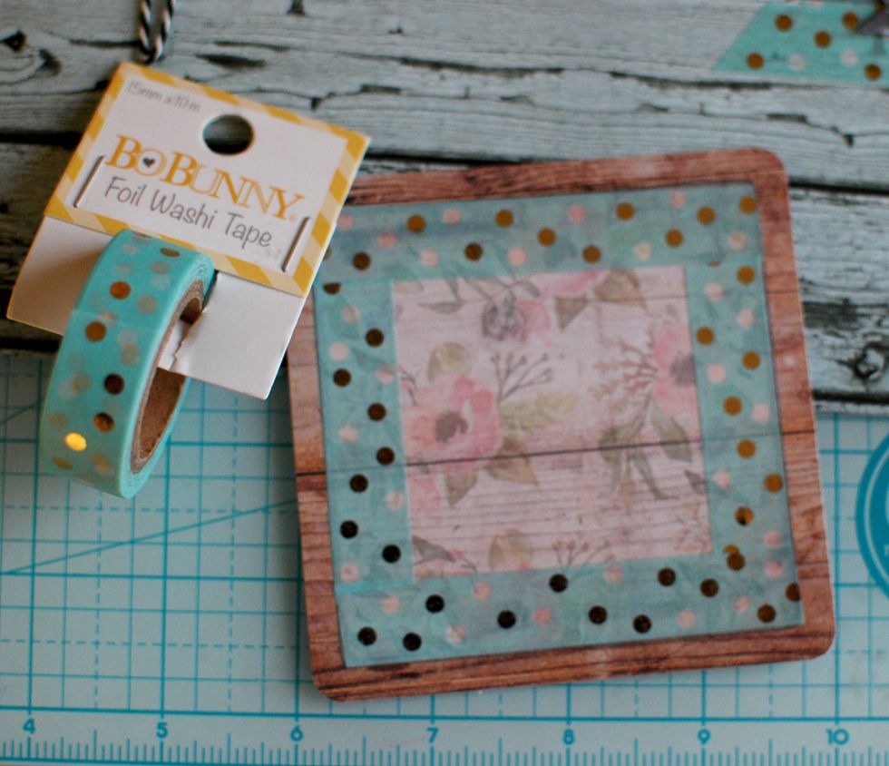 Find this design from the Pocket Squares. With the Foil Dot Washi Tape, tape around the inside of the wood border.