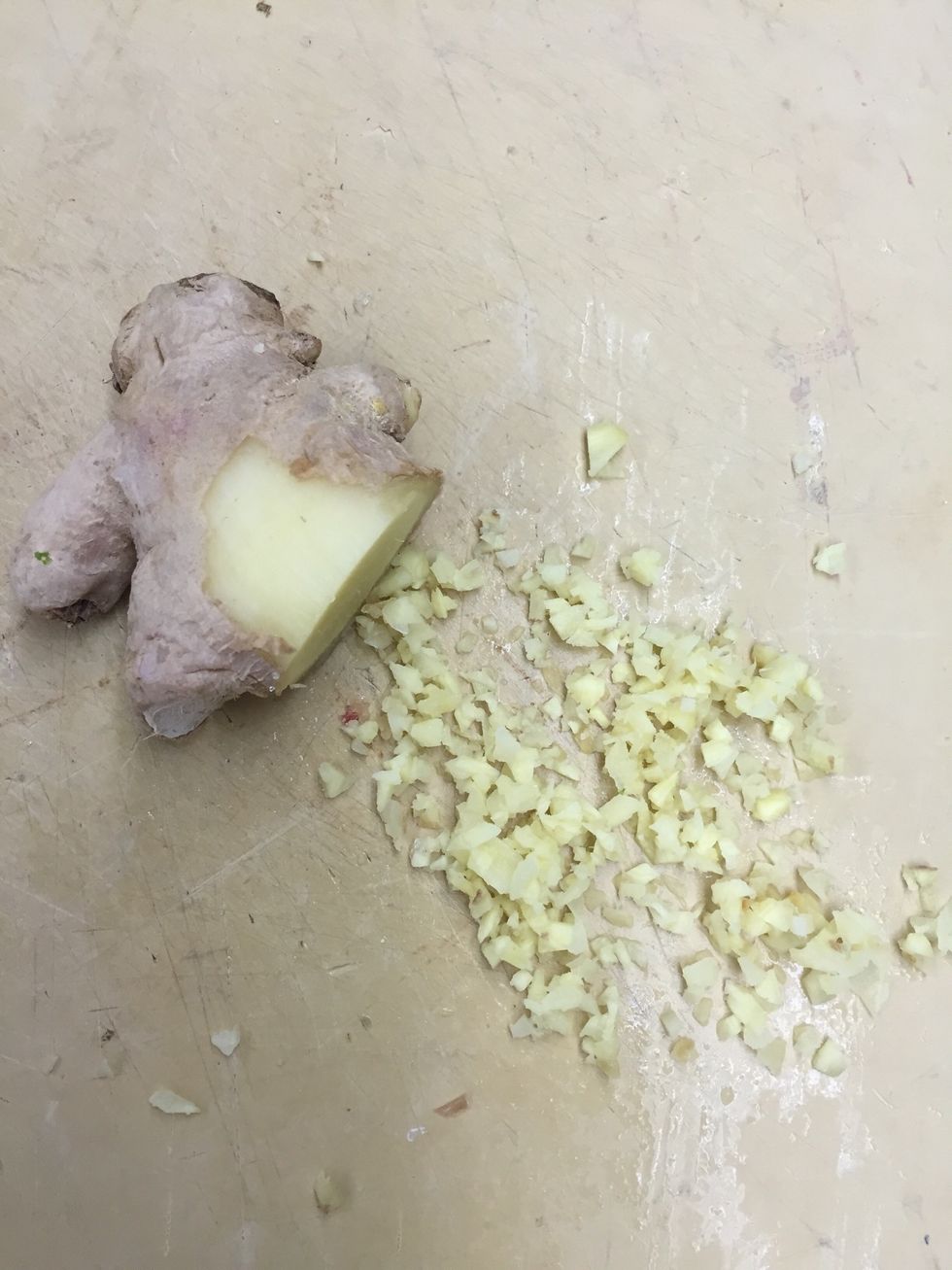 Fine dice crystallized and fresh ginger.