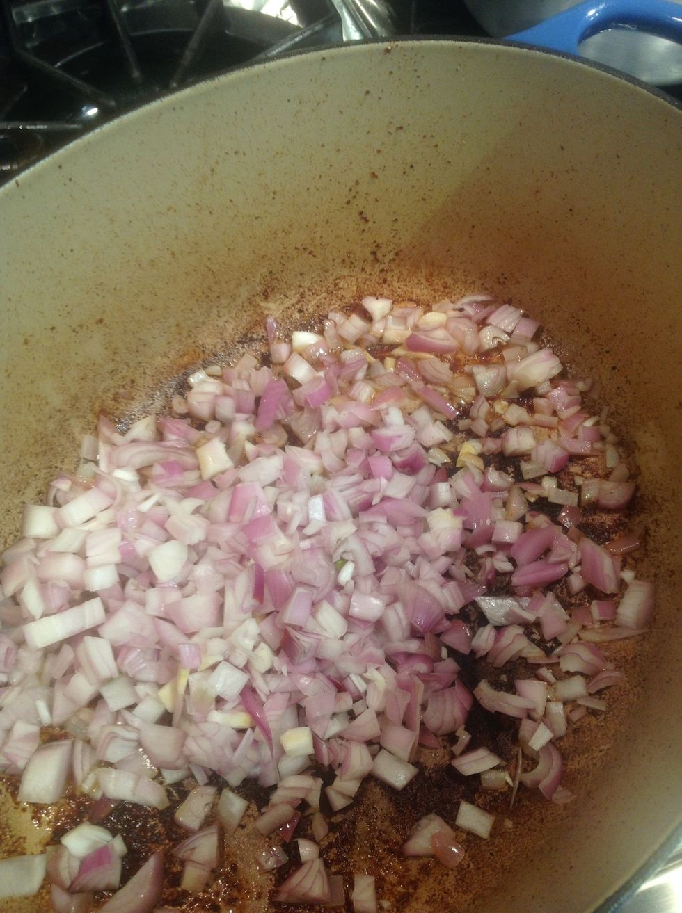 fine dice shallots and sweat in casserole after draining off excess fat.