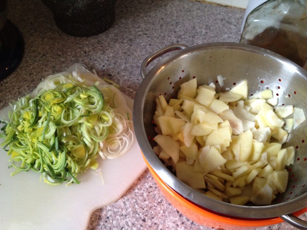 Fine sliced leek, apple and jerusalem artichoke