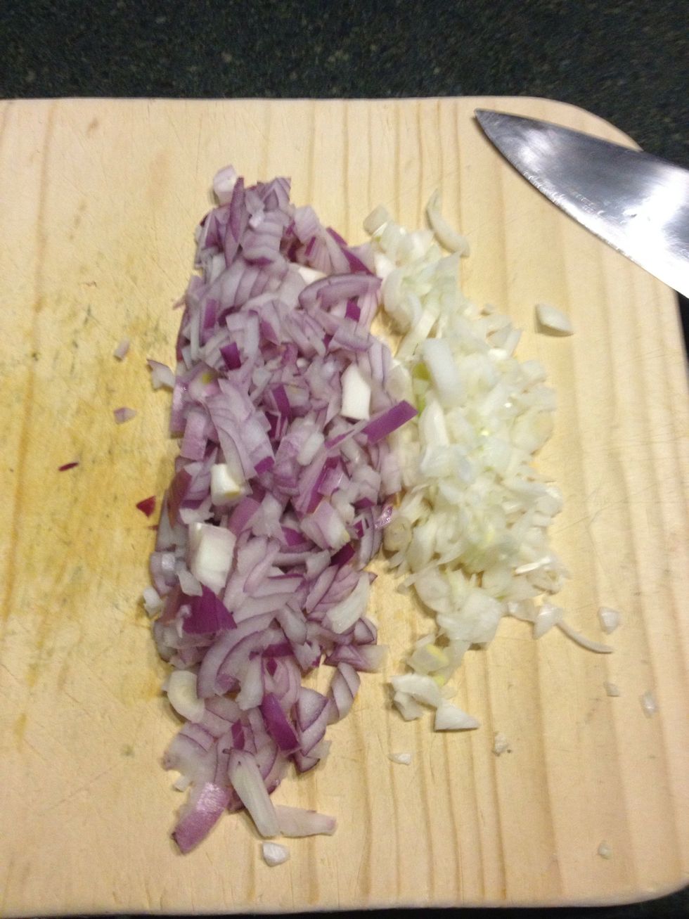 Finely chop onions (I used red and pickling onions)