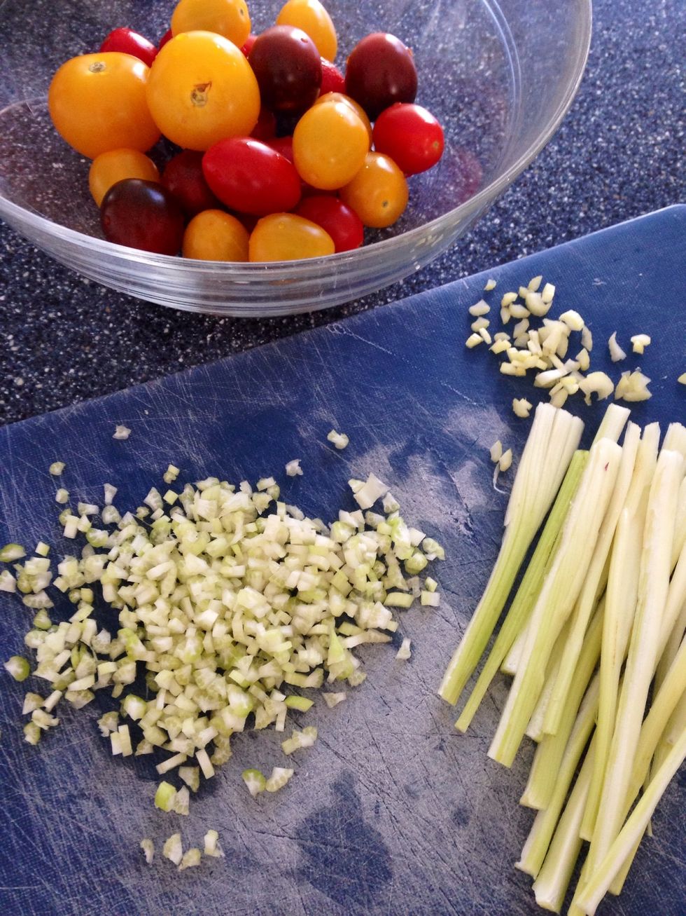Finely chop the celery, tomatoes and onion.