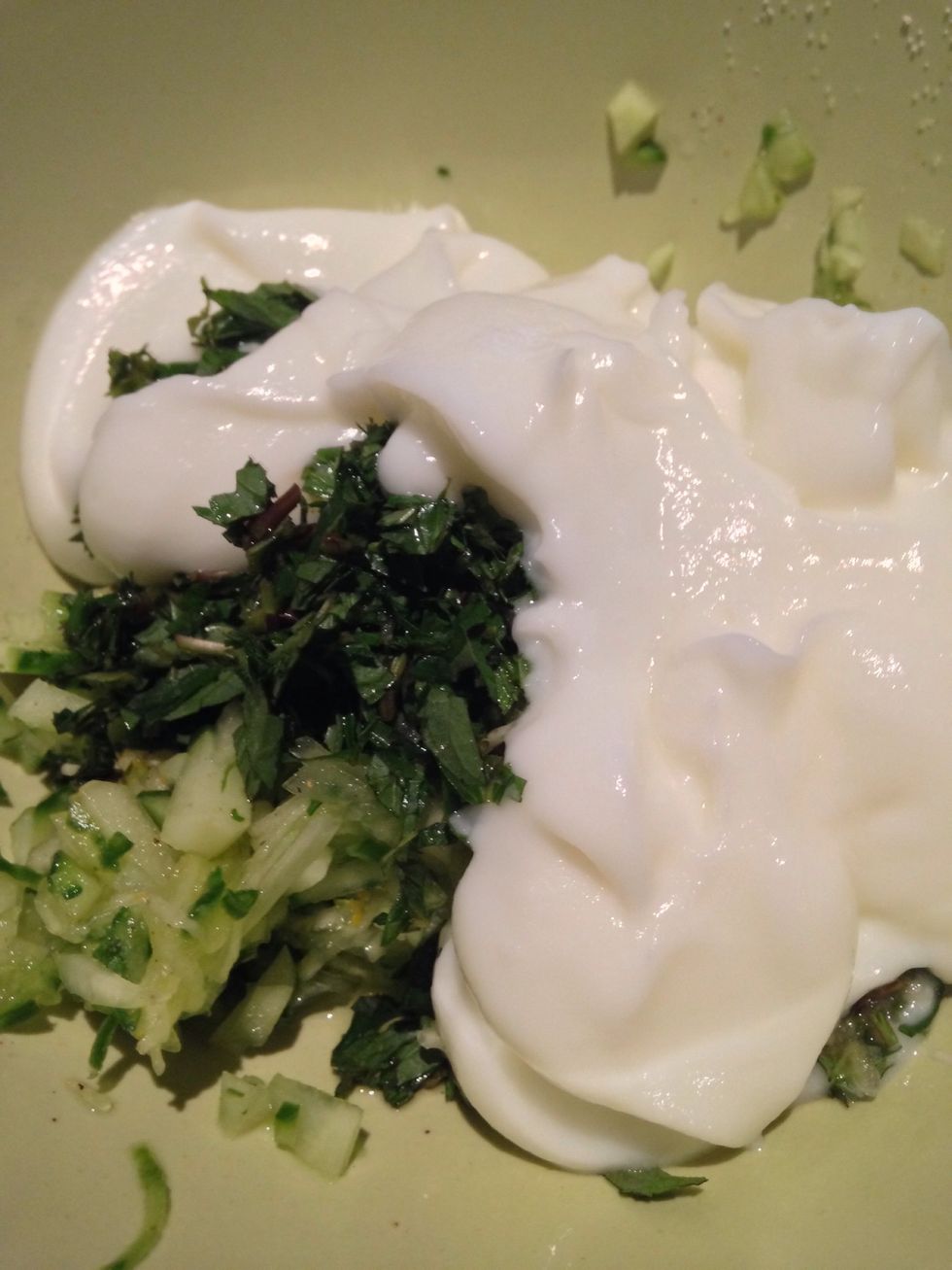 Finely chop the mint and combine in a bowl with garlic, yoghurt and the drained cucumber. That's your tzatziki.