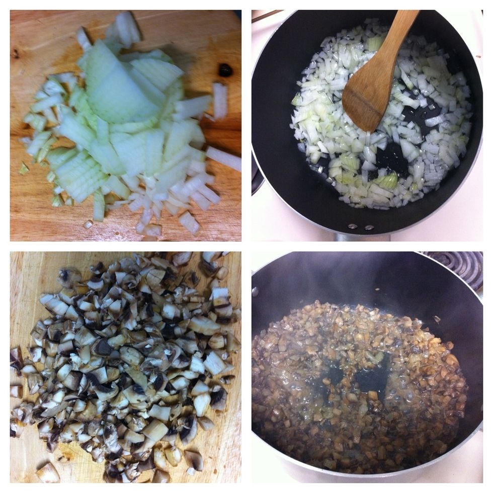 Finely chop the onion. Clean the mushrooms and finely chop.  In olive oil to fry the onions.  Add mushrooms and cook until all the liquid has evaporated (about 15 minutes).