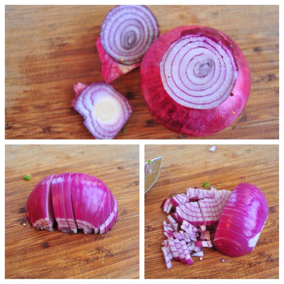 Finely dice the onion.  You can watch my guide on "how to dice an onion" for a quick video on how to do it.  Or, just look at the pictures above.  However you dice it, dice it small.