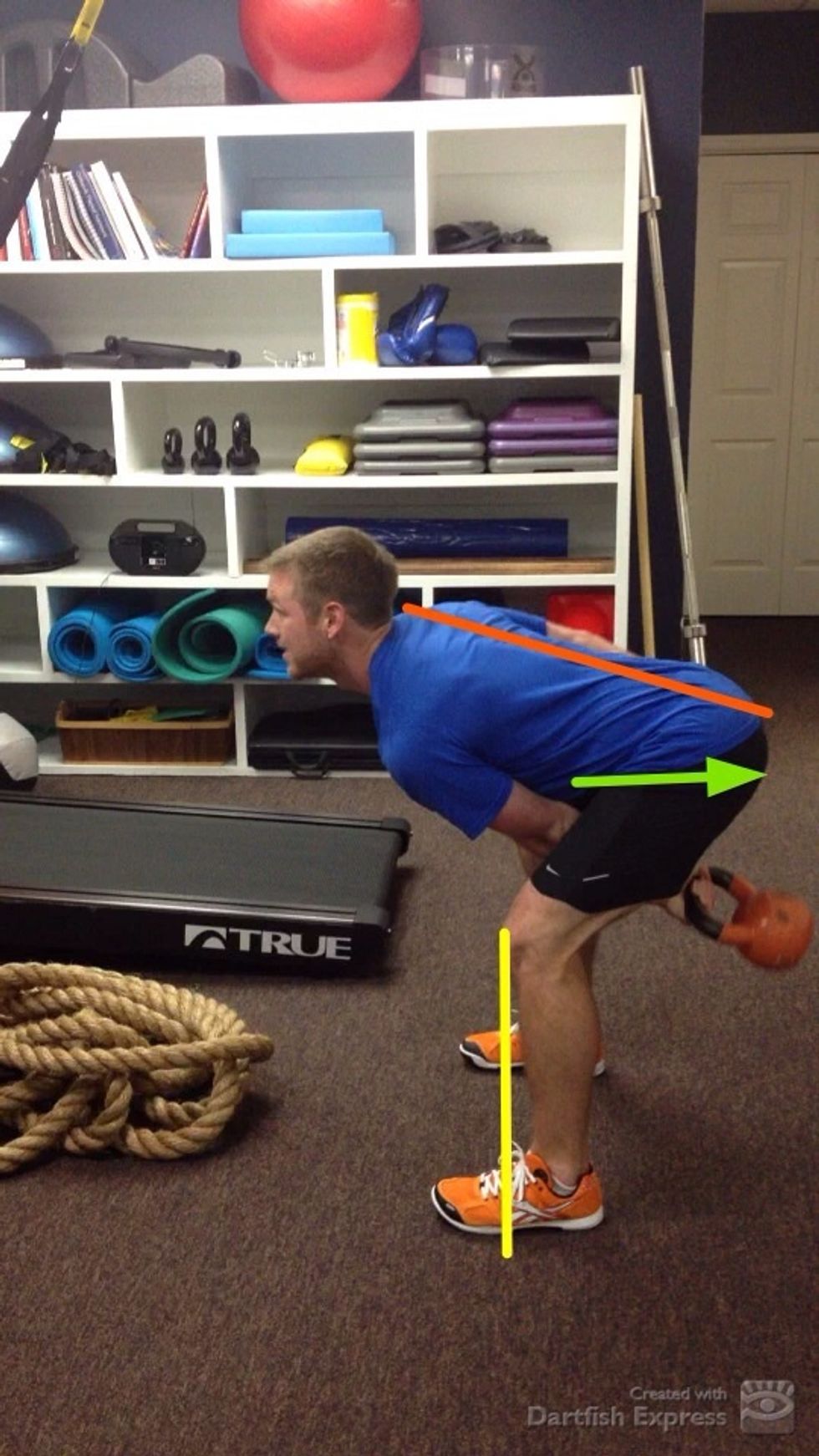 Finish descent with head up,  neutral spine and pelvis, hips hinged backward, knees bent, vertical shin and the kettlebell momentum suspended. Repeat pull and descent cycle for desired reps.
