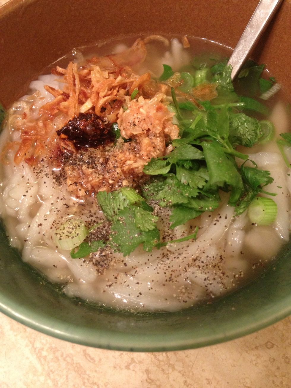 Finish it off with the fried garlic, shallots and chili paste. Add black pepper if you like.