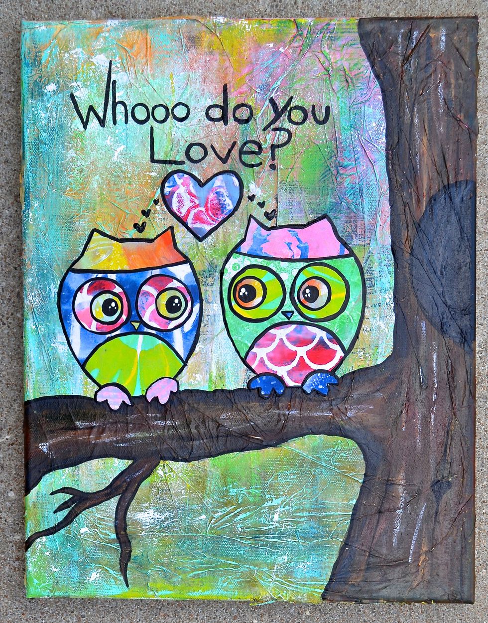 Finish it up by adding a fun tree, outlining our owls and adding a fun saying. You can try this with all kinds of coloring pages and images!