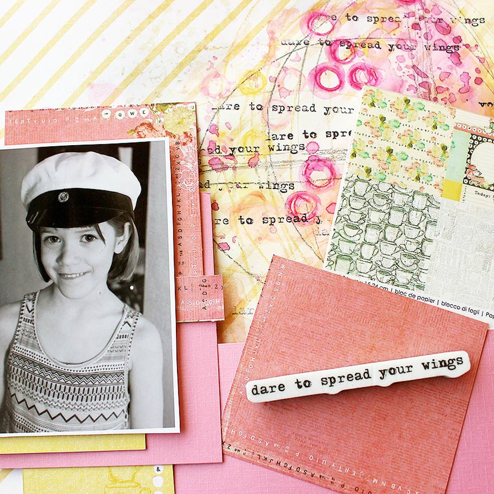 Finish the background with stamping, then layer patterned papers underneath your photo. Compose using different patterned papers, mixing in a few solids as well.