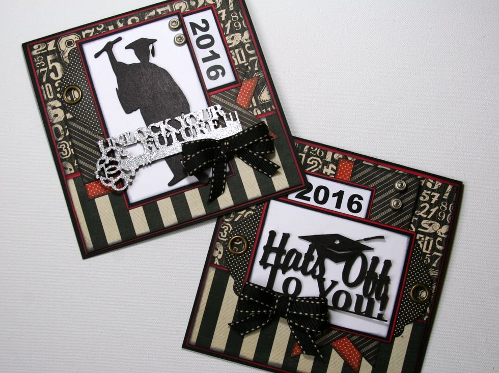 Finish the chipboard in flat black for a graphic pop. Additional chipboard was finished with silvery embossing powder which compliments the brads. Finish with small black bows.