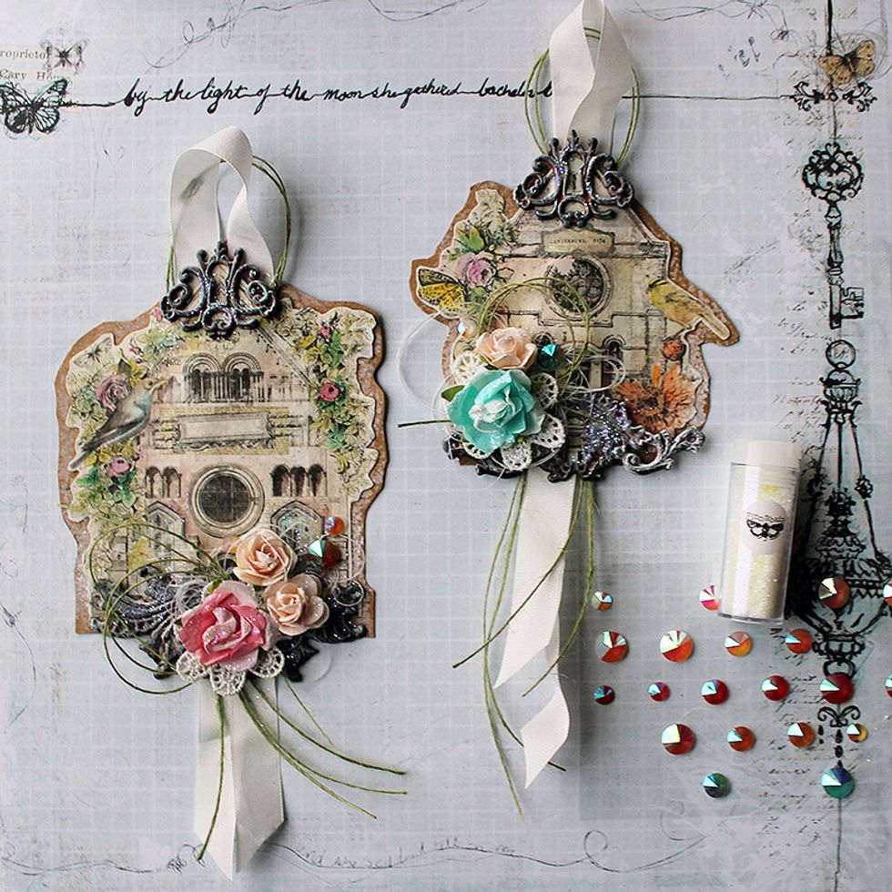 Finish the decorations with a piece from the Lace Trim, some flowers and Royal Menagerie crystals. To get a softer look add some Jute Trim and thread in the mix as well.