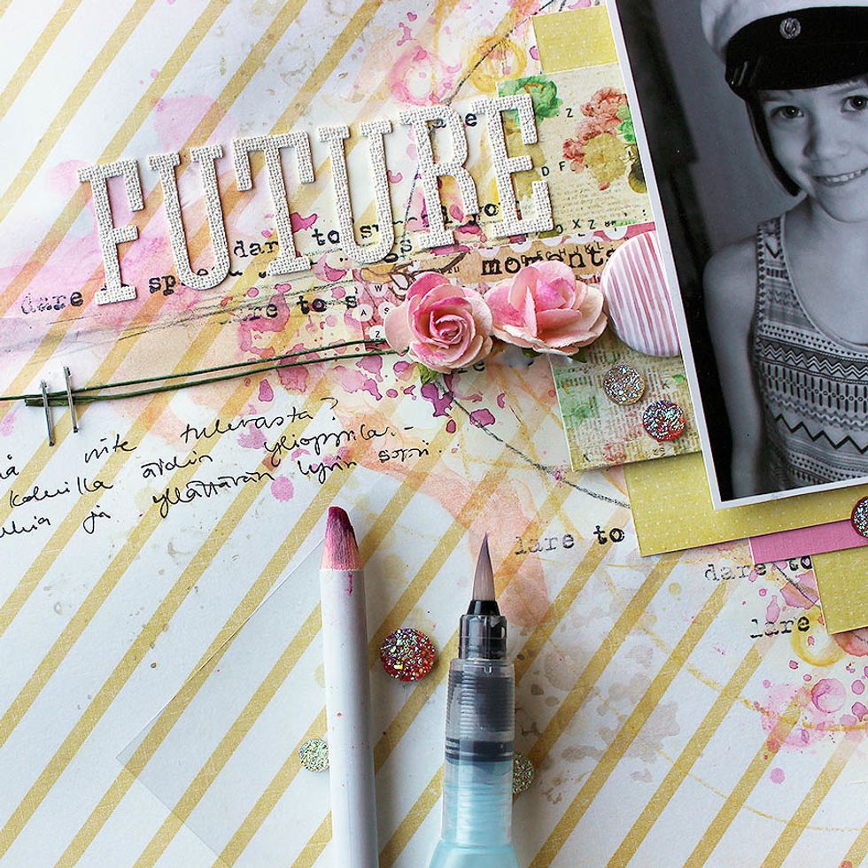 Finish the page with hand-written journaling, crystals, and a few watercolor touches to the roses (to make them coordinate with the page even more.)