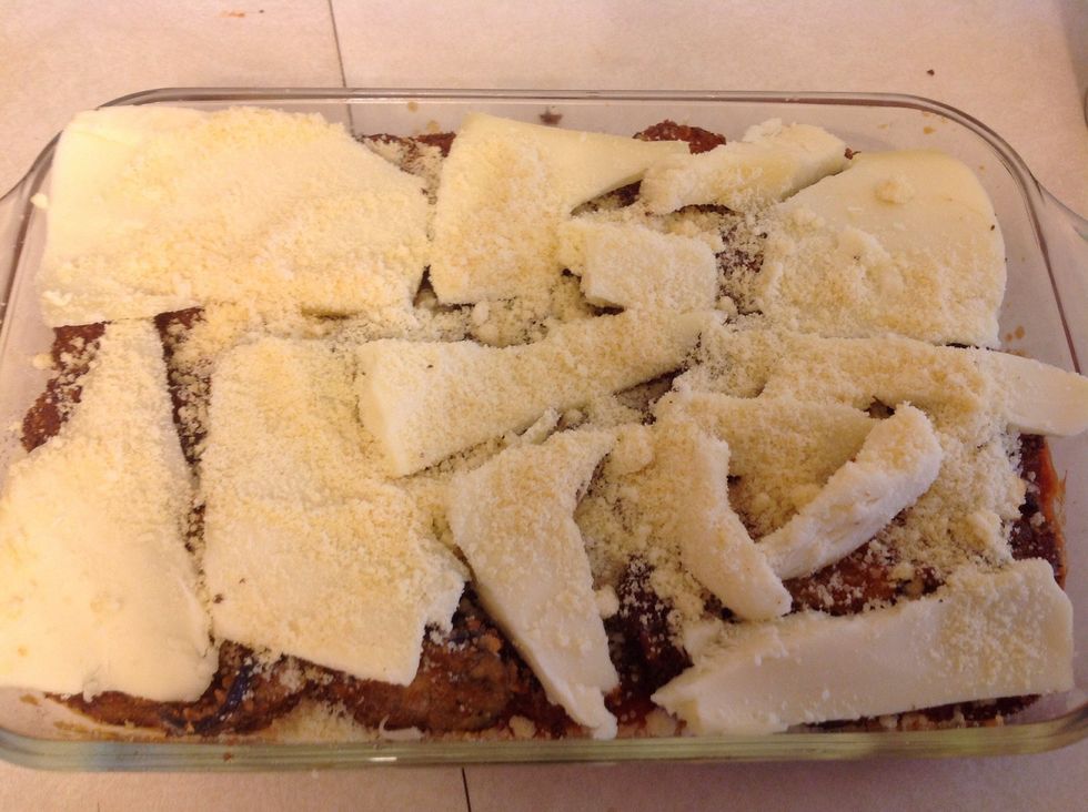 Finish with a layer of mozzarella cheese and 1/2 cup of Parmesan cheese.