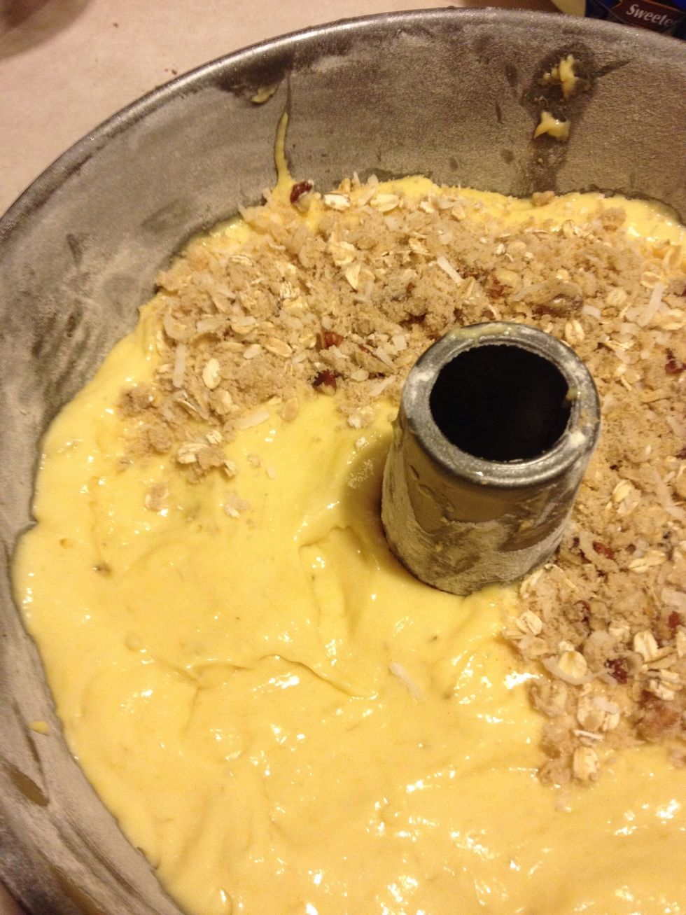 Finish with a third and final layer of batter and oat mixture. I pat the oat mixture down gently since this is the top of the cake.