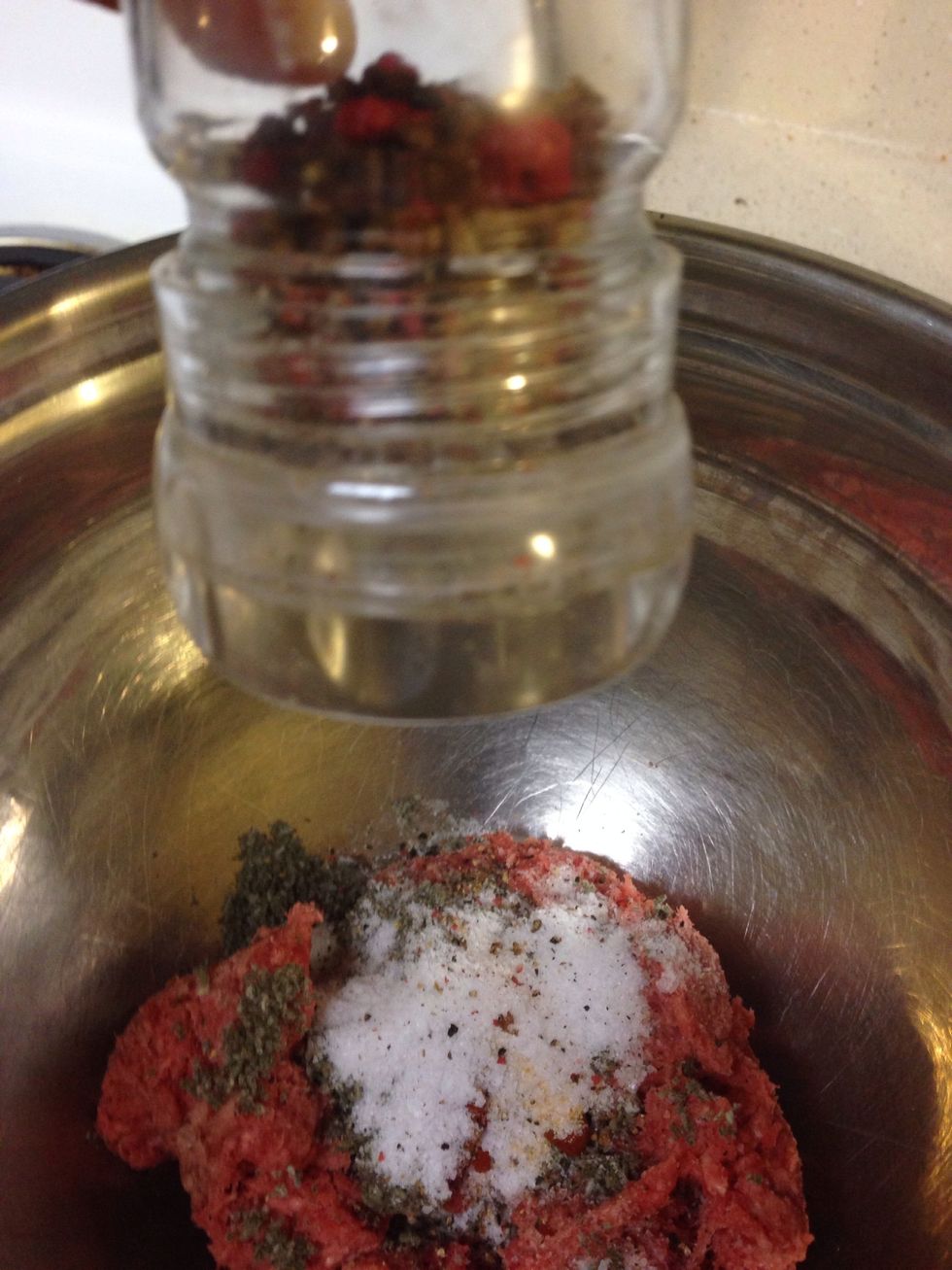 Finish with fresh ground Black and Pink pepper... And mix the ground meat-sage combination well with hands.